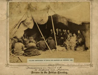 Komisarze armii amerykańskiej w Radzie z Arapahoes i Cheyennes. Fort Laramie, Wyoming. Gen. William S. Harney i William T. Sherman